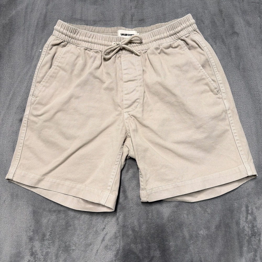 Taylor Stitch Apres Shorts Men XS Khaki Organic Cotton Elastic Waist Pull on